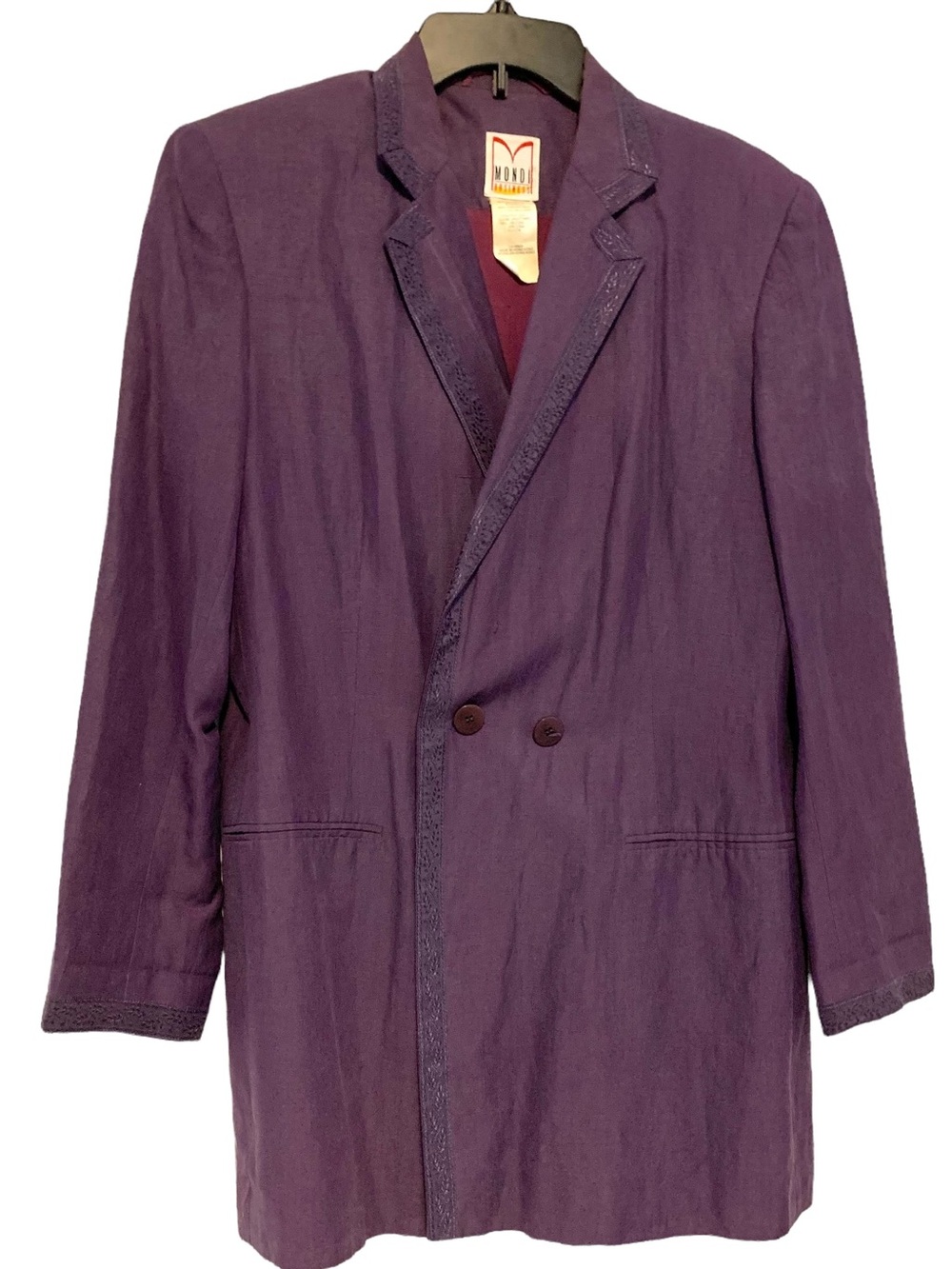 Vtg Mondi Business Plum Purple Double-Breasted Long Blazer Sz US 6 S